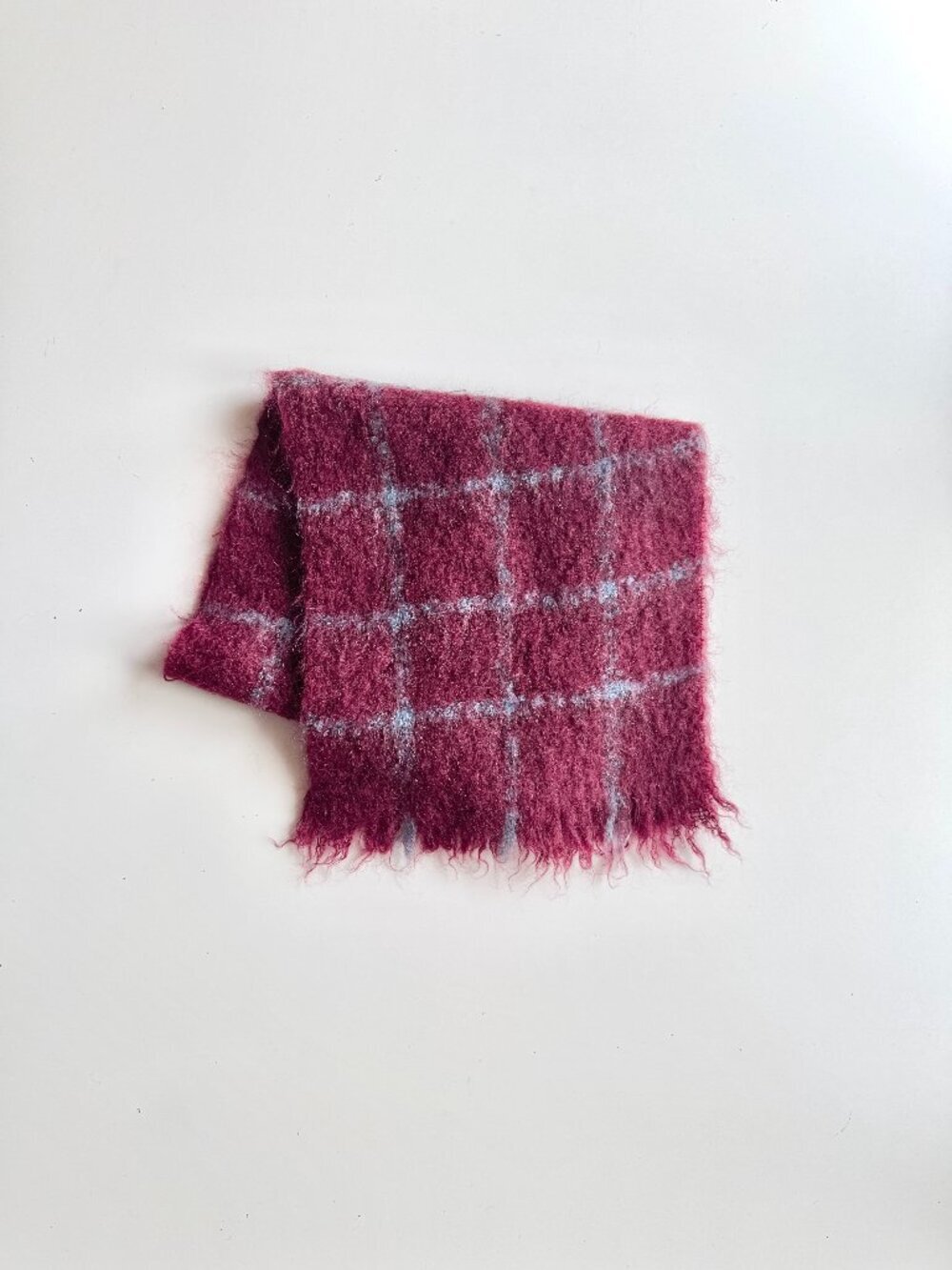 Vintage SAMMY Maroon Red Blue Check 100% Mohair Knit Fringed Rectangle Scarf
